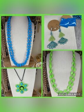 Vintage Neon Green Blue Lot Lucite Acrylic Necklaces Earrings Set Jewelry Retro
